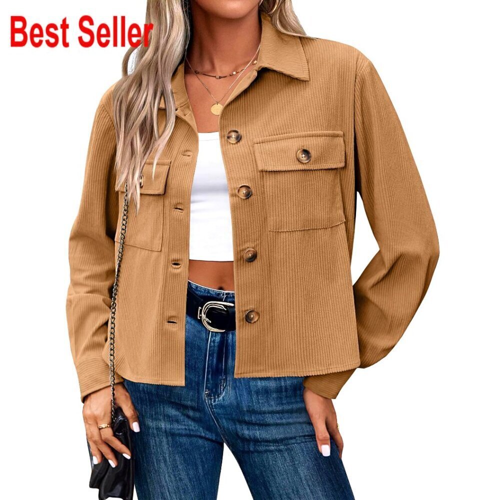 Cropped Corduroy Shacket Button Down Jacket Long Sleeve Casual Fall Trendy